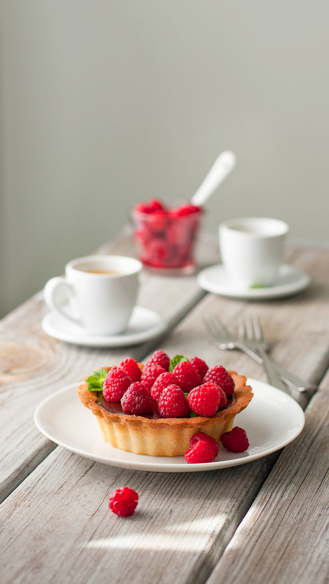 Chocolate and Raspberry tart on a white plate preview