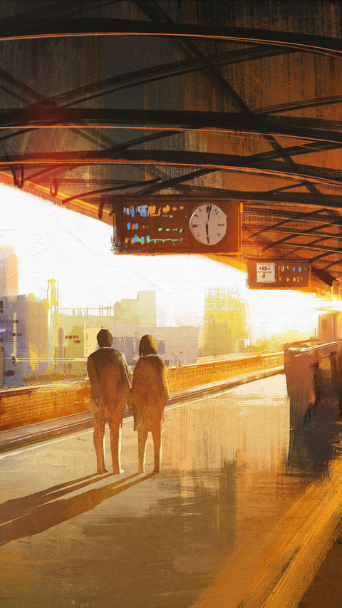 Painting of couple waiting a train on the station preview