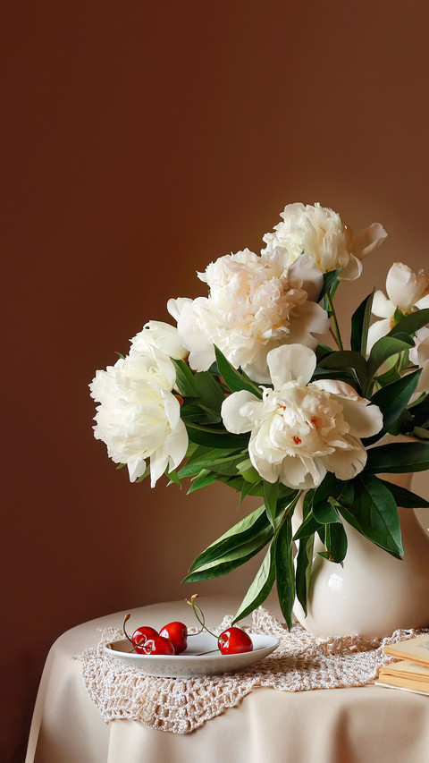 Still life with a bouquet of white peonies in a jug preview