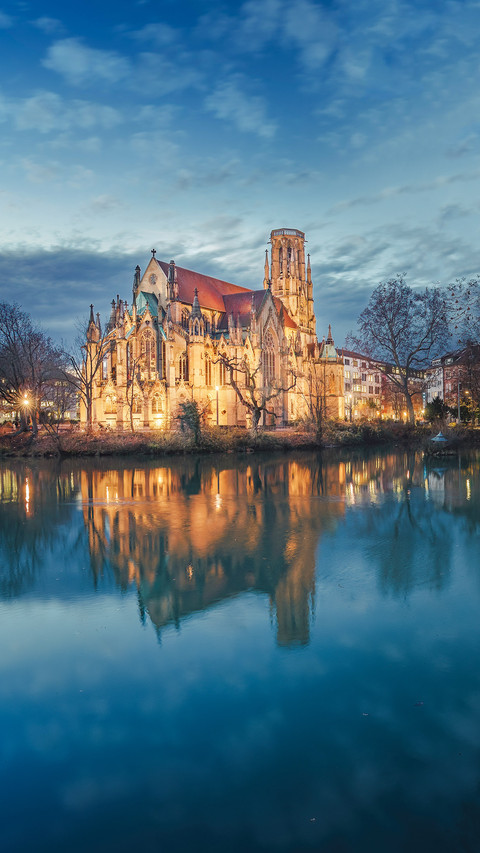 St. John's Church and Feuersee lake at night preview