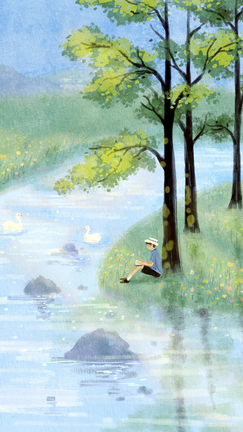 Boy Reading under Tree by River preview