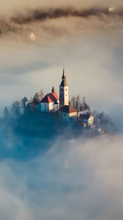 Church in Mountain's Embrace, Morning Mist Adds Mystique preview
