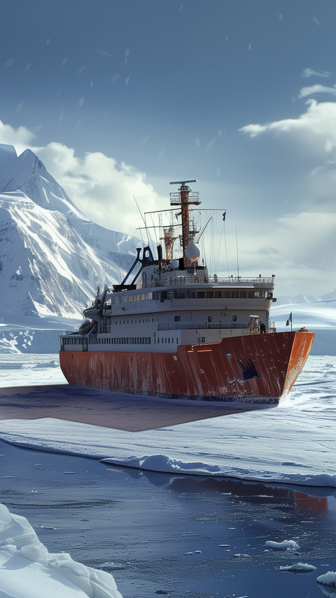 Cold Calm, Ship and Mountains Under Snowy Skies preview