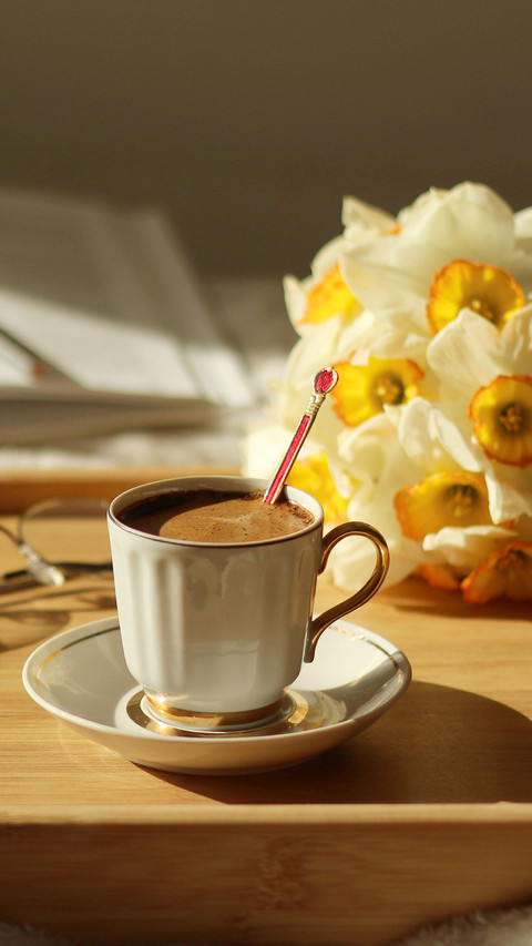 Fresh coffee in the bed. Good morning concept preview