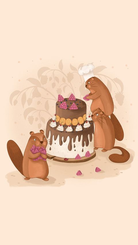 Beavers decorate chocolate cake with raspberries preview