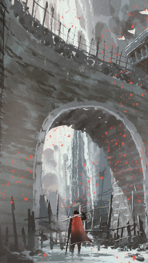 knight in red cape with sword standing under the old stone arch bridge preview