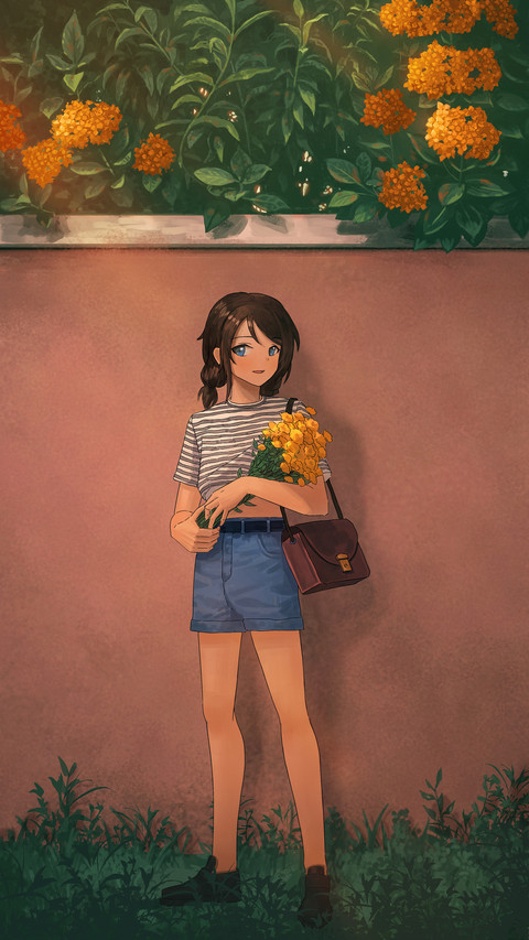 Girl Holding Flowers Standing Under The Wall preview