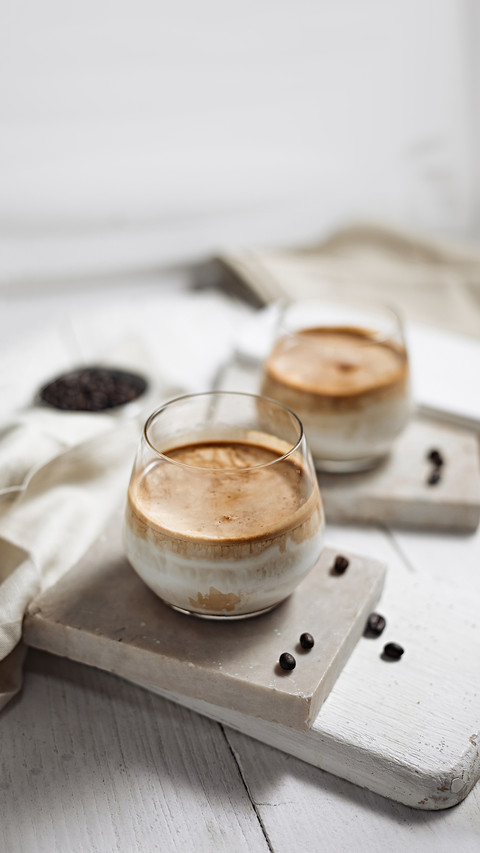 Dirty coffee,Cold milk topped with hot espresso shot preview