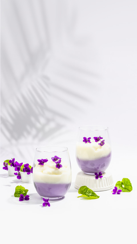Vegan Panna Cotta Dessert with Fresh Violet Flower preview