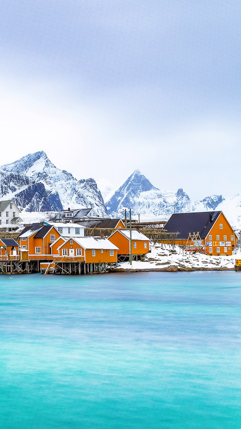 Iconic yellow houses of Sakrisoy island in Lofoten, Norway preview