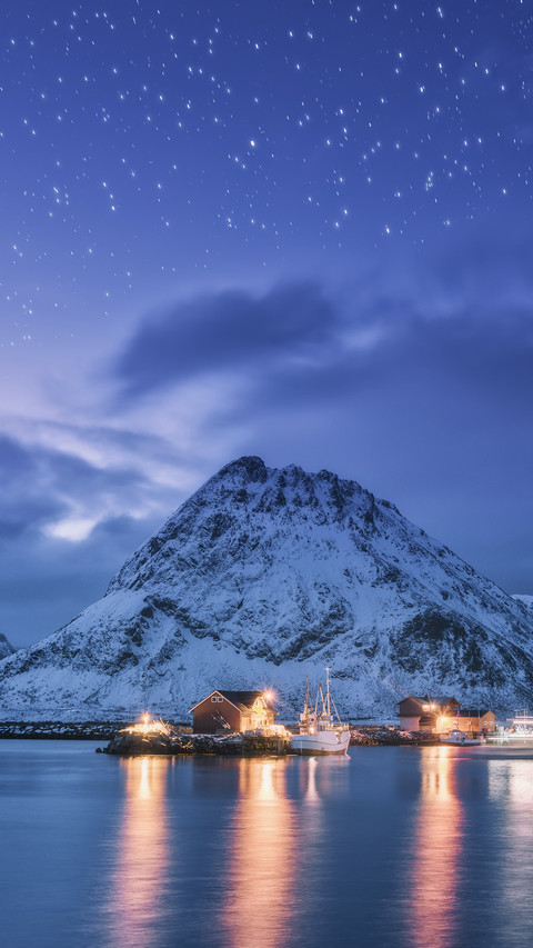 Winter Landscape With Ship in Lofoten Islands, Norway. preview