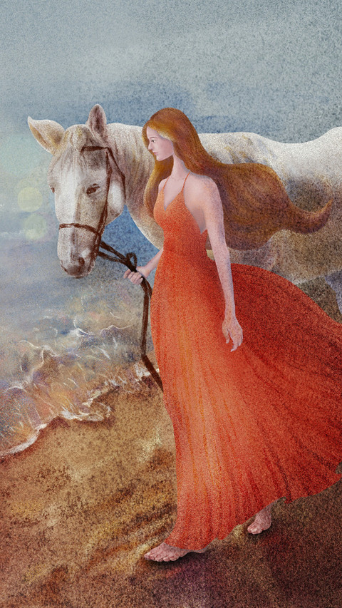 Woman Leading A White Horse Walking by The River preview