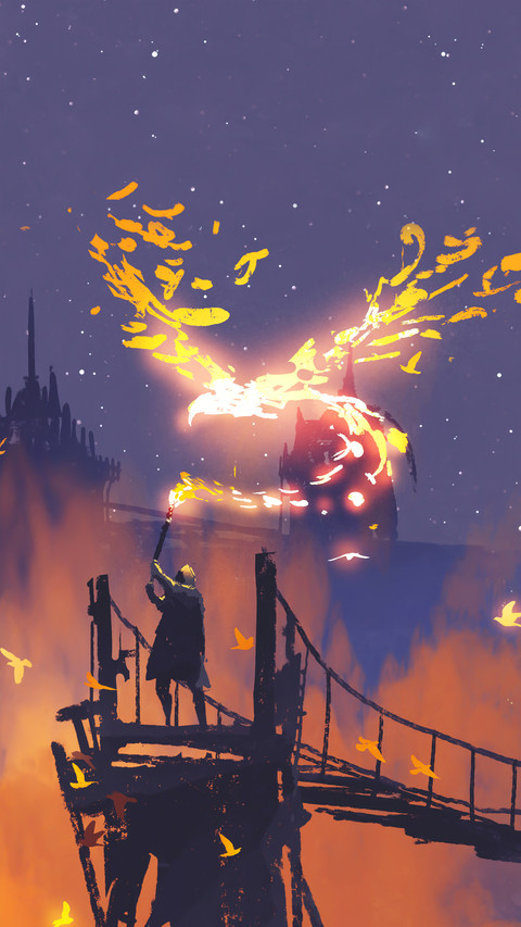 A Man In Cloak Holding Magic Torch Against City with smoke preview