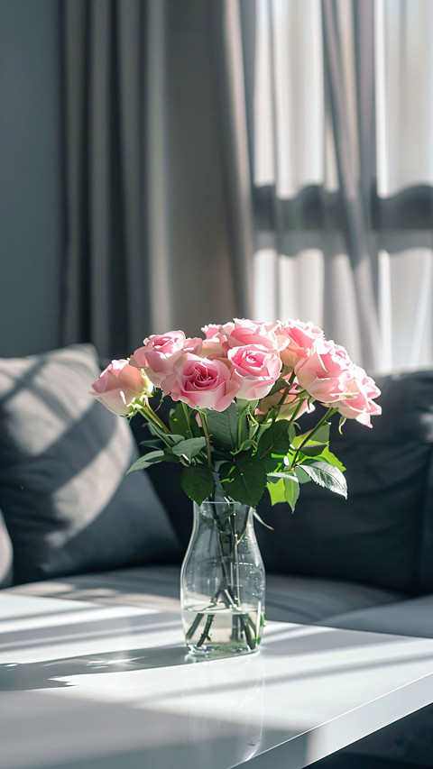 A vase filled with a bouquet of delicate pink roses placed preview