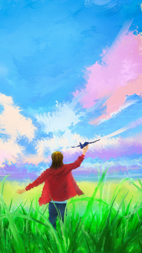 The girl runs between the blue sky and the green fields preview