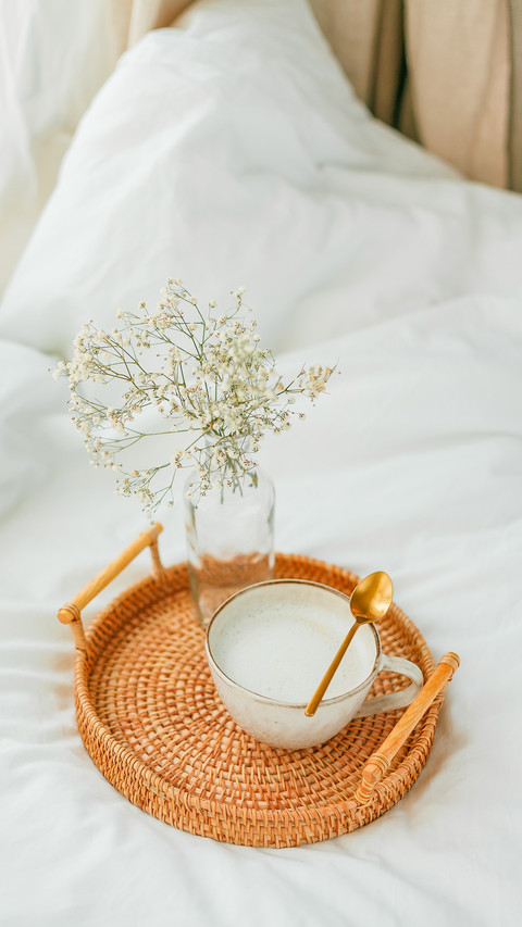 Breakfast in bed, cappuccino, wicker tray,home decor preview