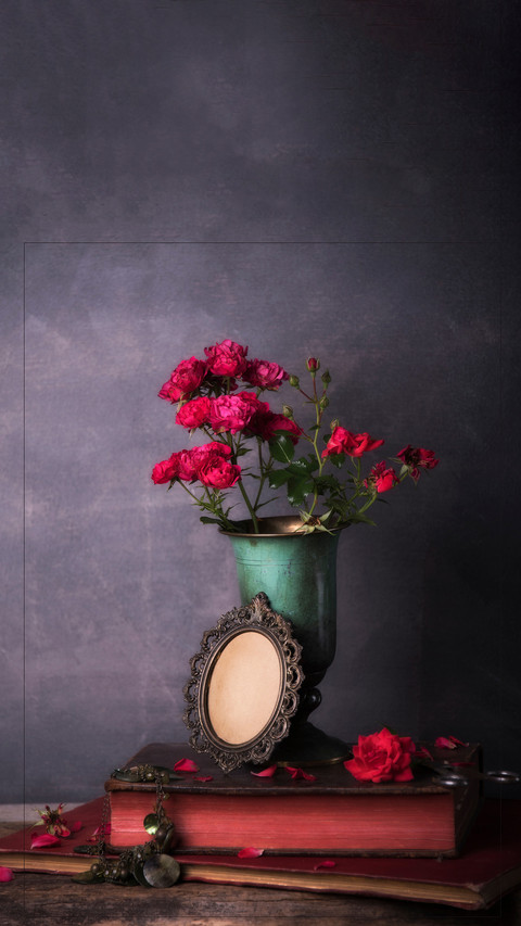 Roses and vintage elements on blue background preview