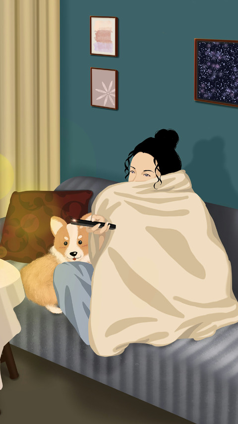 Girl and dog sitting on the sofa watching TV preview