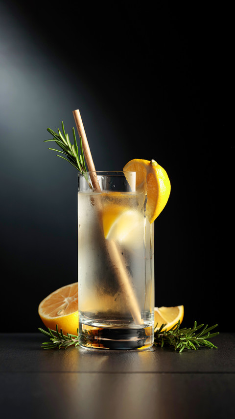 Cold refreshing drink with ice, lemon, and rosemary preview
