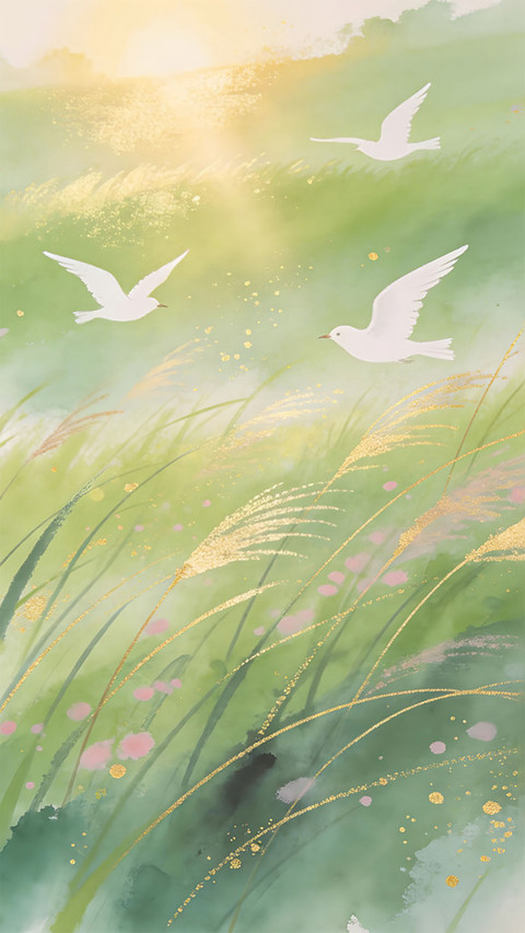 Green fields gentle breeze birds flying towards the clear preview
