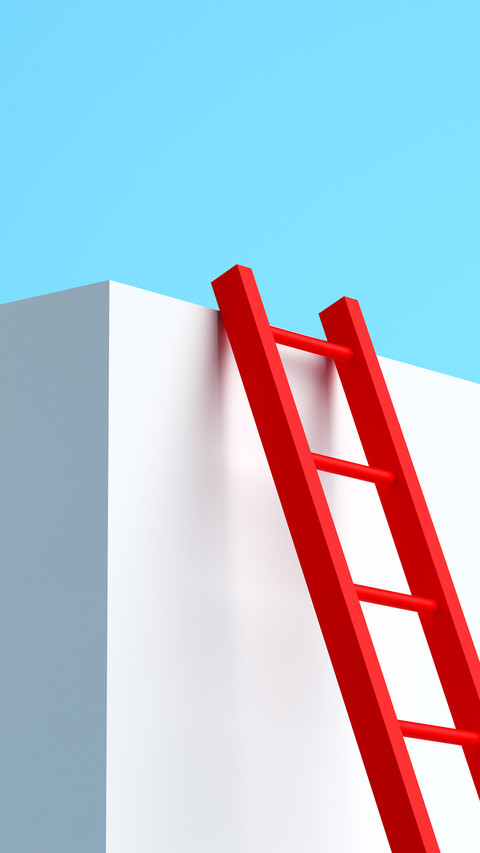 The red ladder leans against the cube preview