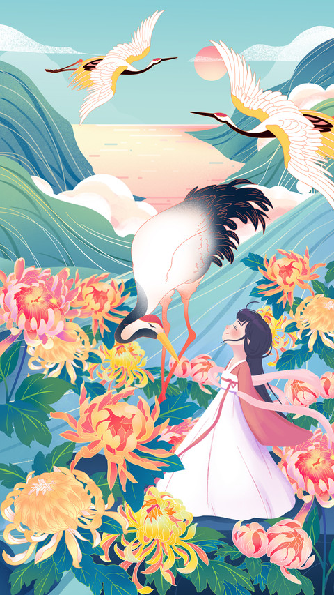 Flowers And Cranes Surround The Girl preview