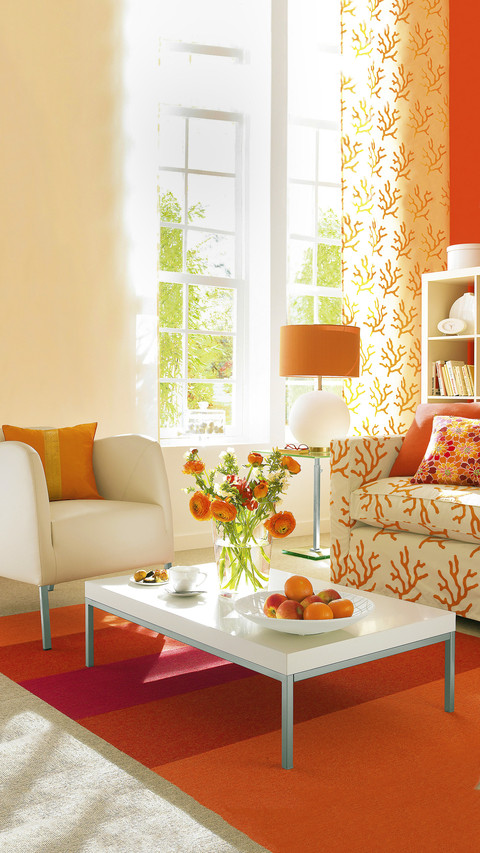 Bright living room with furniture and decors in orange preview