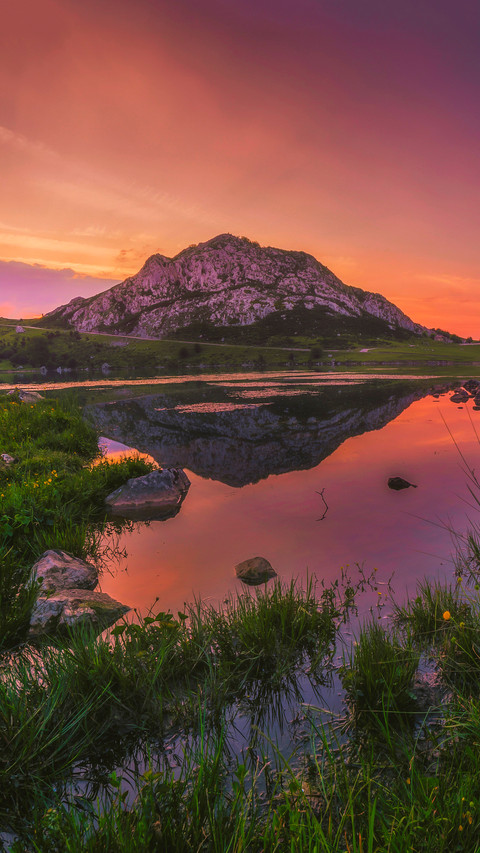 Reflection of mountains in lakes of covadonga spain preview
