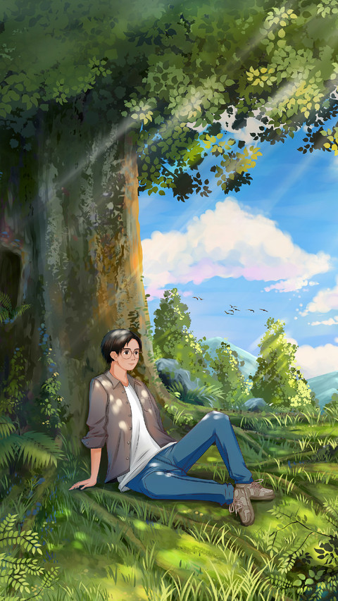 Man is Sitting on The Grass Against The Tree preview