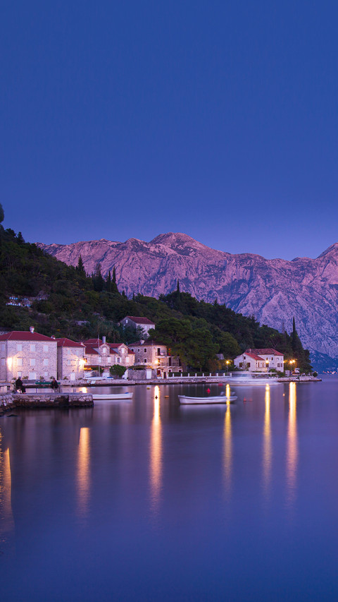 Blue hour exposure of Perast coastline, a medieval village preview