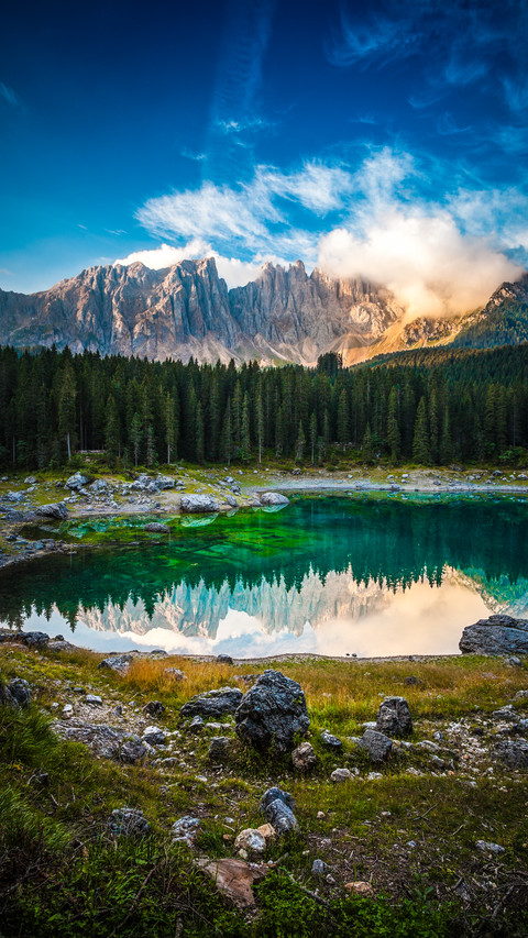 Karersee lake and dolomites in the morning italy preview