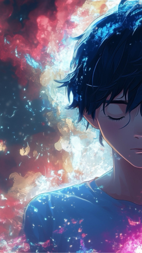 Dreamy Anime Boy with Cosmic Nebula  Background preview
