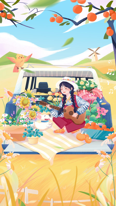 Girl Playing Guitar Sitting in The Flowers preview