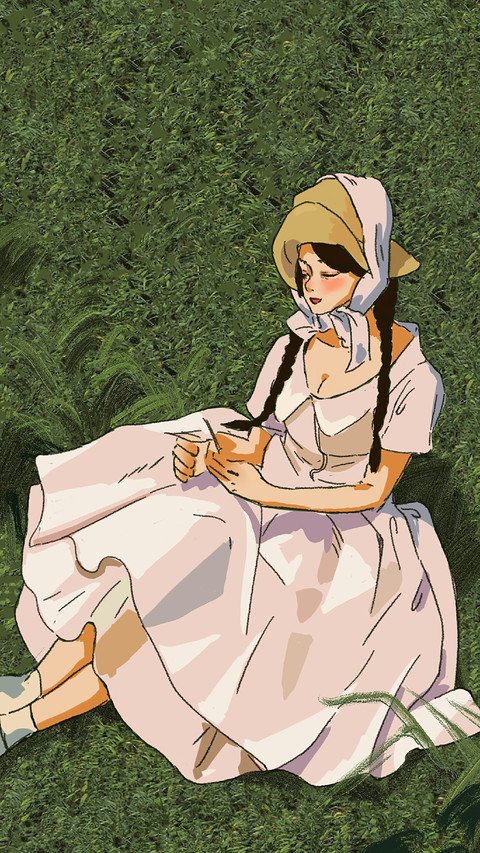 A Girl in a Headscarf Was Sitting on The Grass preview