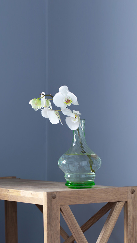 White orchid in vintage glass vase on wooden shelf preview