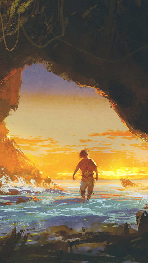 the man walking in the sea cave at sunset preview