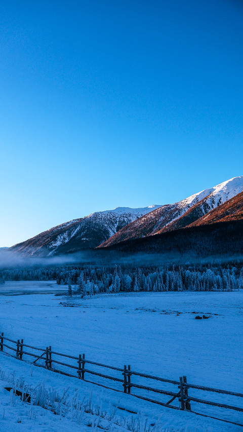Early morning winter pasture snow capped mountains preview