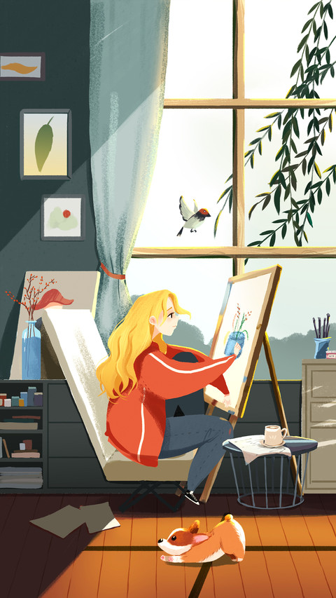 A Little Girl Painting by The Window In Spring preview