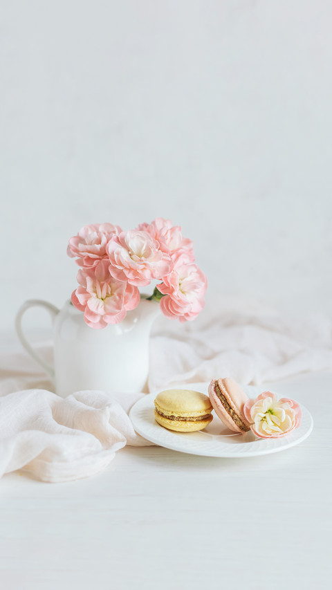 Two tasty macarons and a jar with pink carnation flowers preview