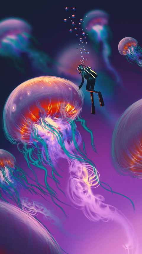 big jellyfishes and diver in fantasy underwater preview