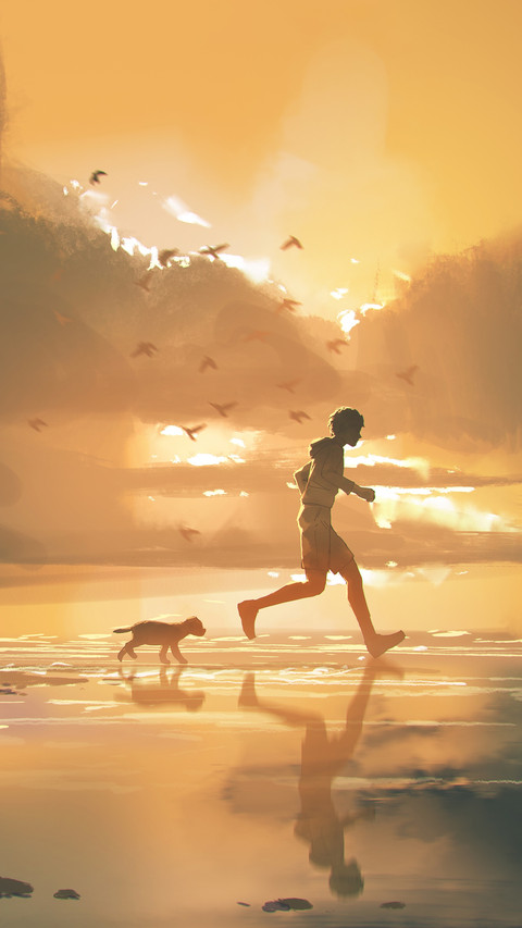 Man and Puppy Jogging on the Beach at Sunset preview