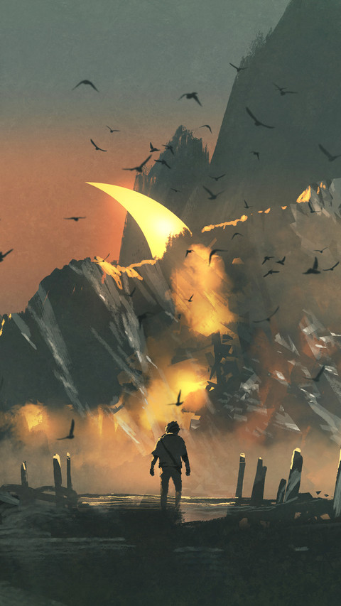 A Man walking into A Mysterious Land with A Giant Skull preview